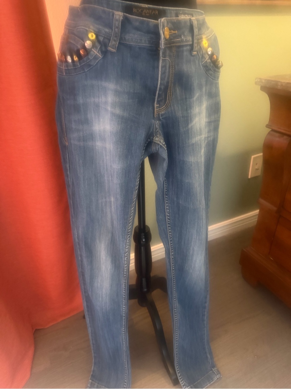 Rocawear Women's Blue Boot Cut Jeans with Studded Pockets - Picture 2 of 7